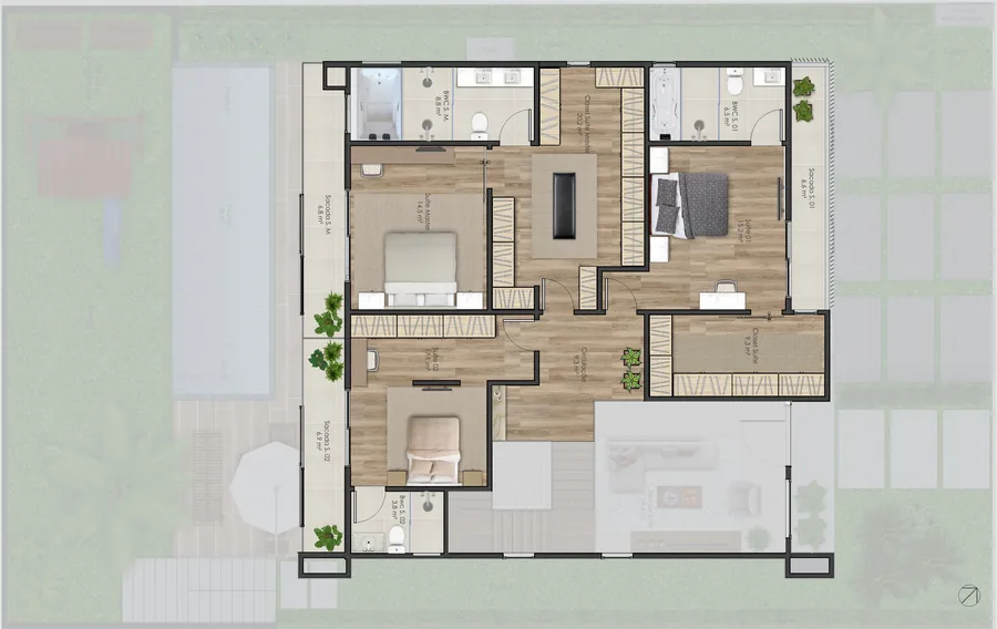 Planta humanizada do pavimento superior da Casa Malbec